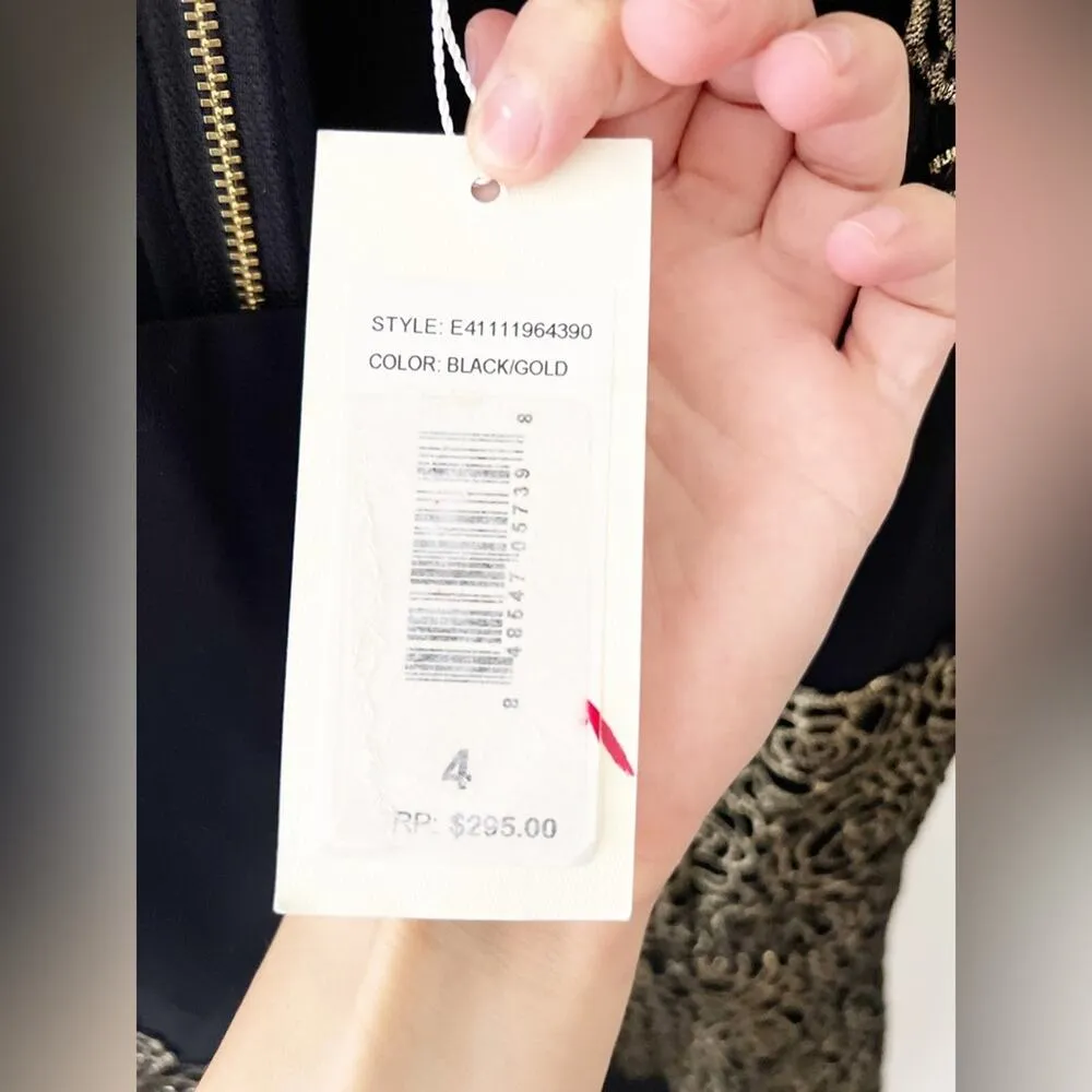 Erin by Erin Fetherston Shelby Black Gold Appliqué Sheath Cocktail Dress Size 4 - Image 4