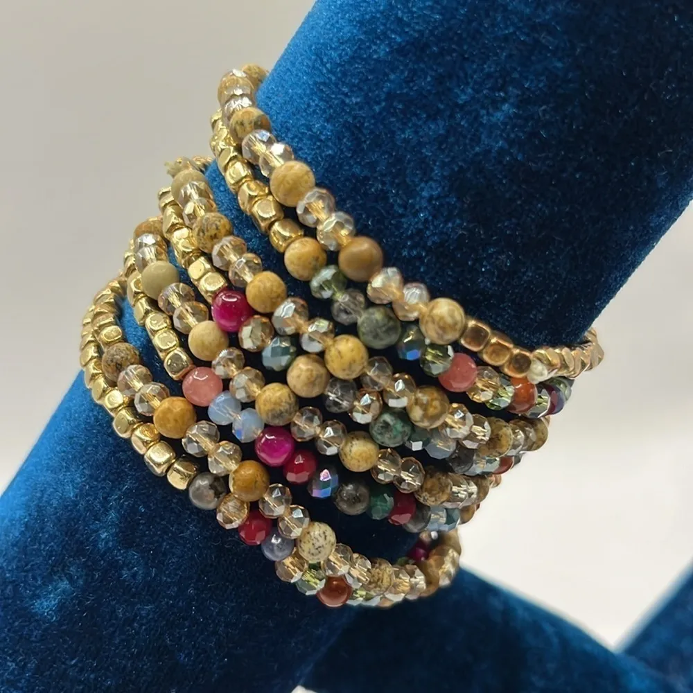 Stretch Fall Gold Jewel Tone Beaded 8 Strand Bracelet Fun Boho Trending - Image 4