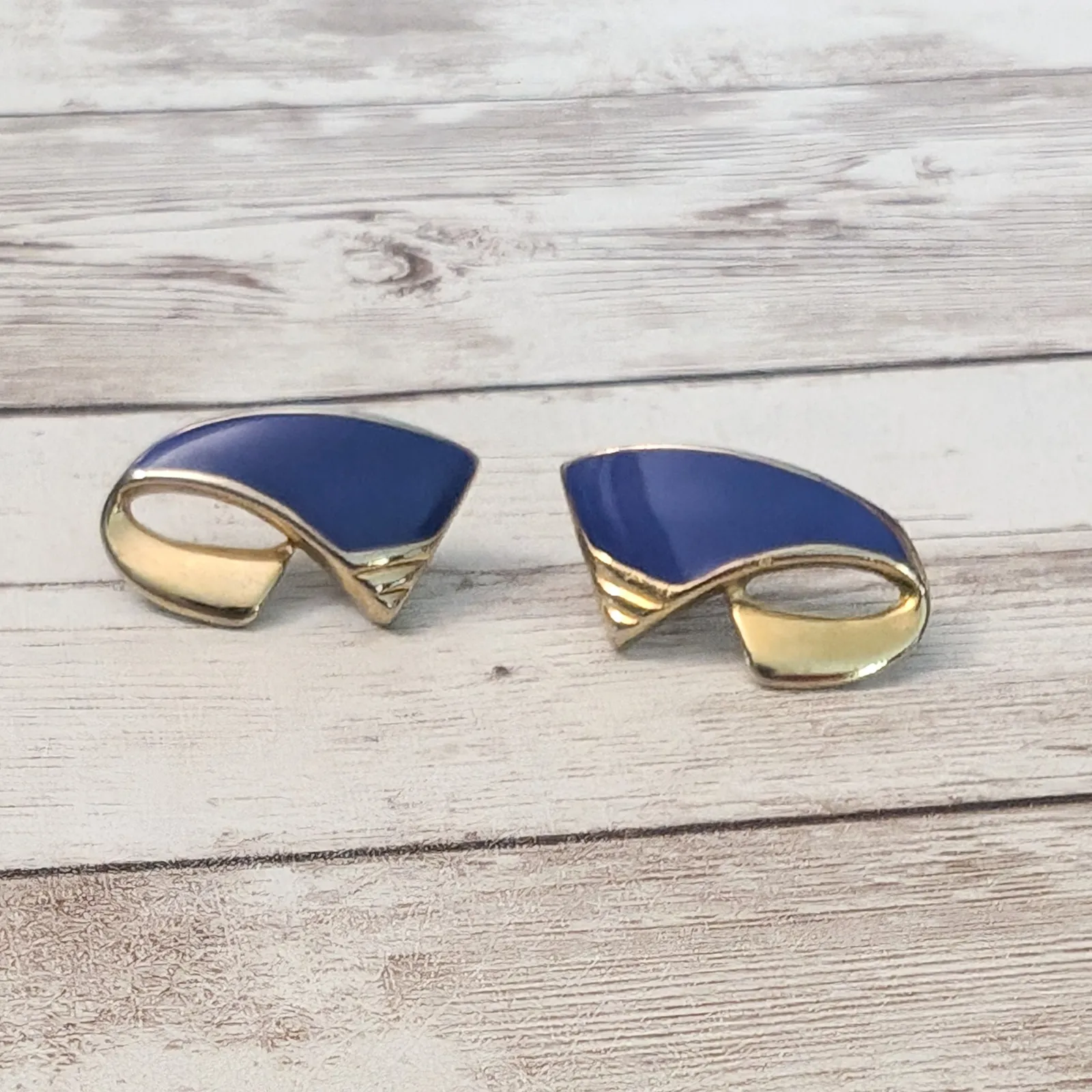 Vintage Stud Earrings For Pierced Ears Blue & Gold Tone Statement - Image 3