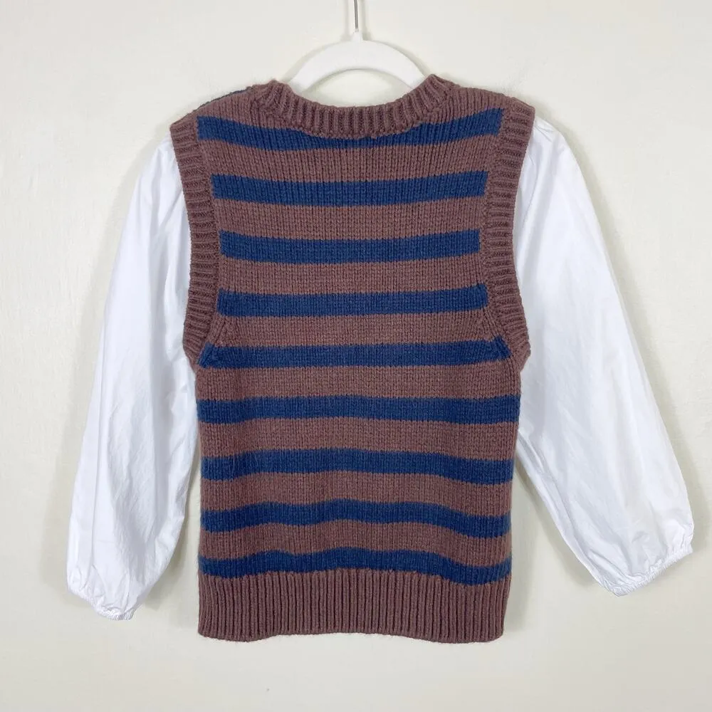 Evereve Brown and Navy Gracen Stripe Two-Fer Cotton Puff 3/4 Sleeve Sweater Vest - Image 9