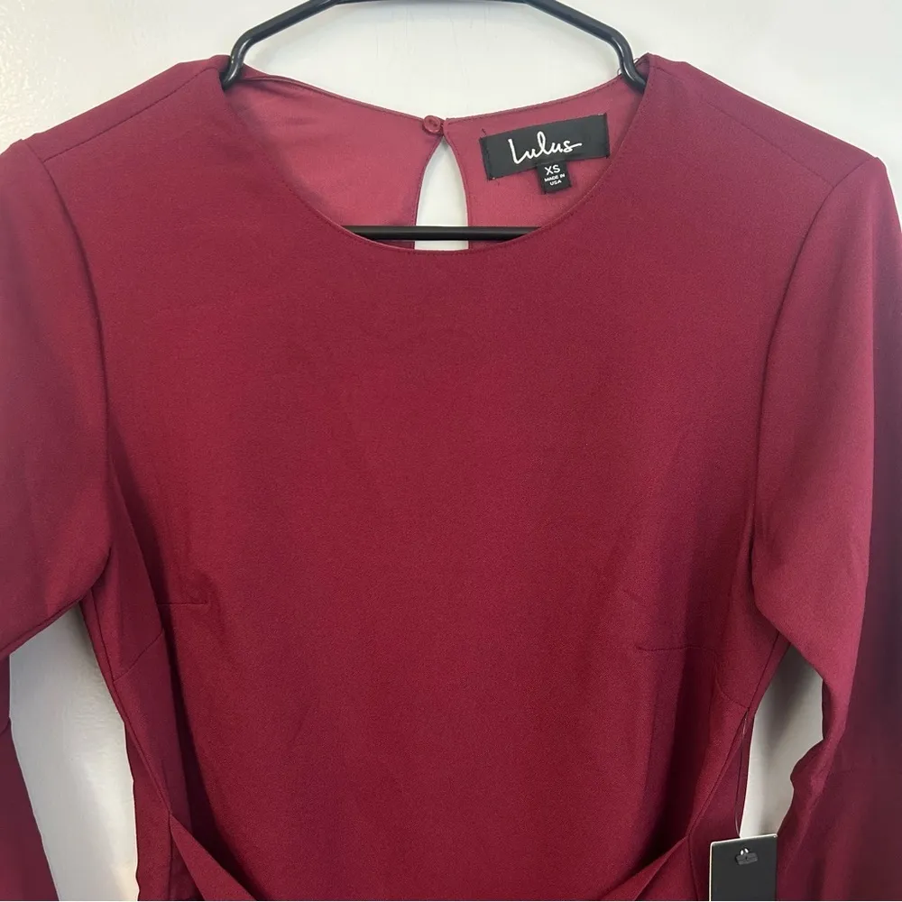 NWT Lulu's Last Love Song Burgundy Tie Waist Long Bell Sleeve Mini Dress Size XS - Image 4