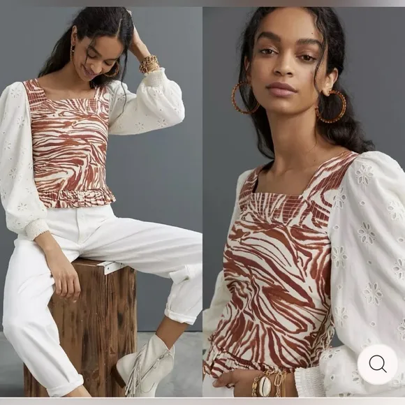 LOVE THE LABEL ANTHROPOLOGIE LOVE THE LABEL SMOCKED EYELET PUFF SLEEVE BLOUSE - Image 2