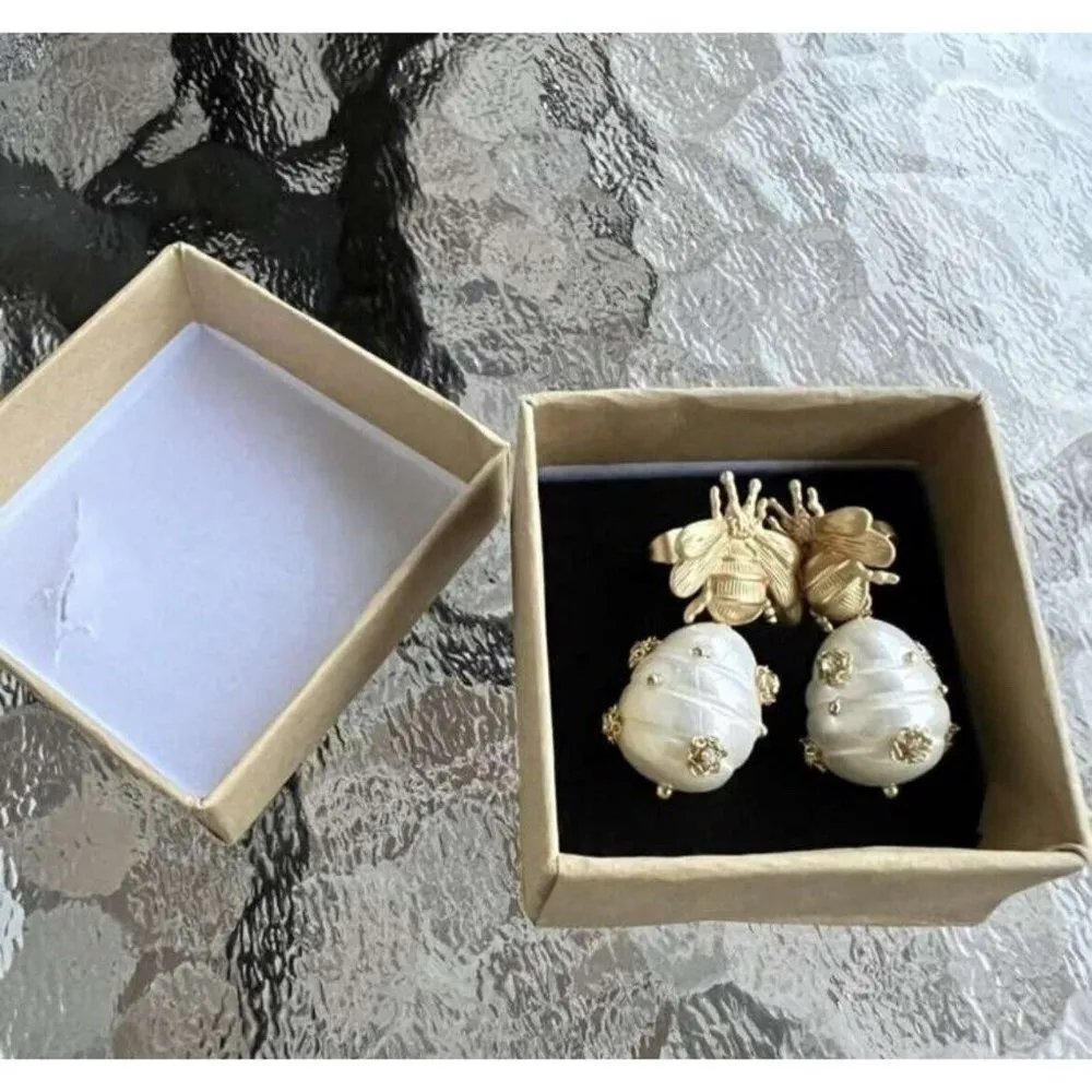 Bee Cultured Pearl Drop Earrings Vintage Bee Pearl Pendant Hypoallergenic Gold - Image 8