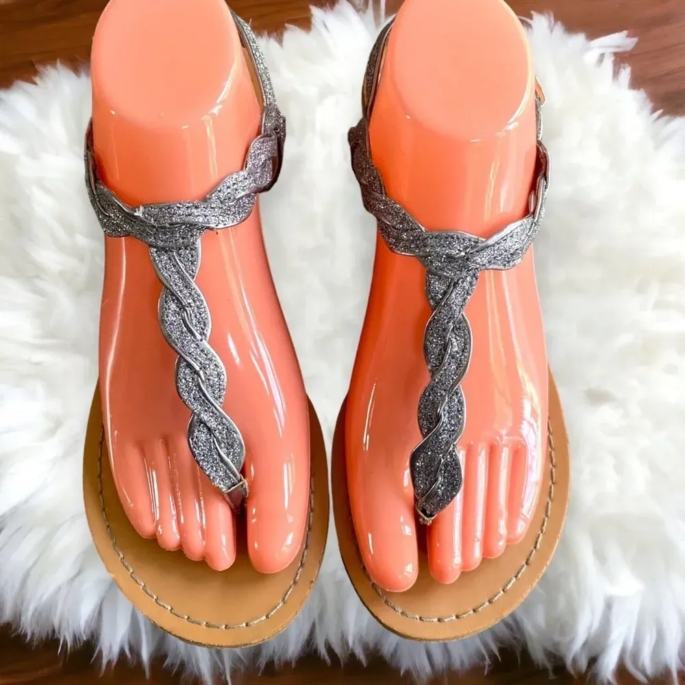 Womens Thong‎ Sandals Silver Braided Strap Ankle Buckle Comfort Casual - Image 9