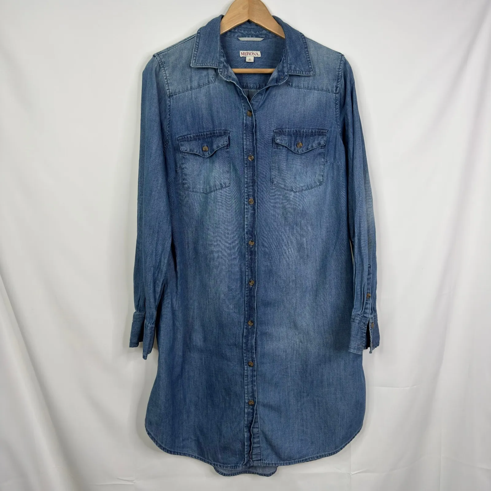 Merona Women Blue Denim Jean Shirt Dress Long Sleeve Button Up Size M NO BELT! - Image 8
