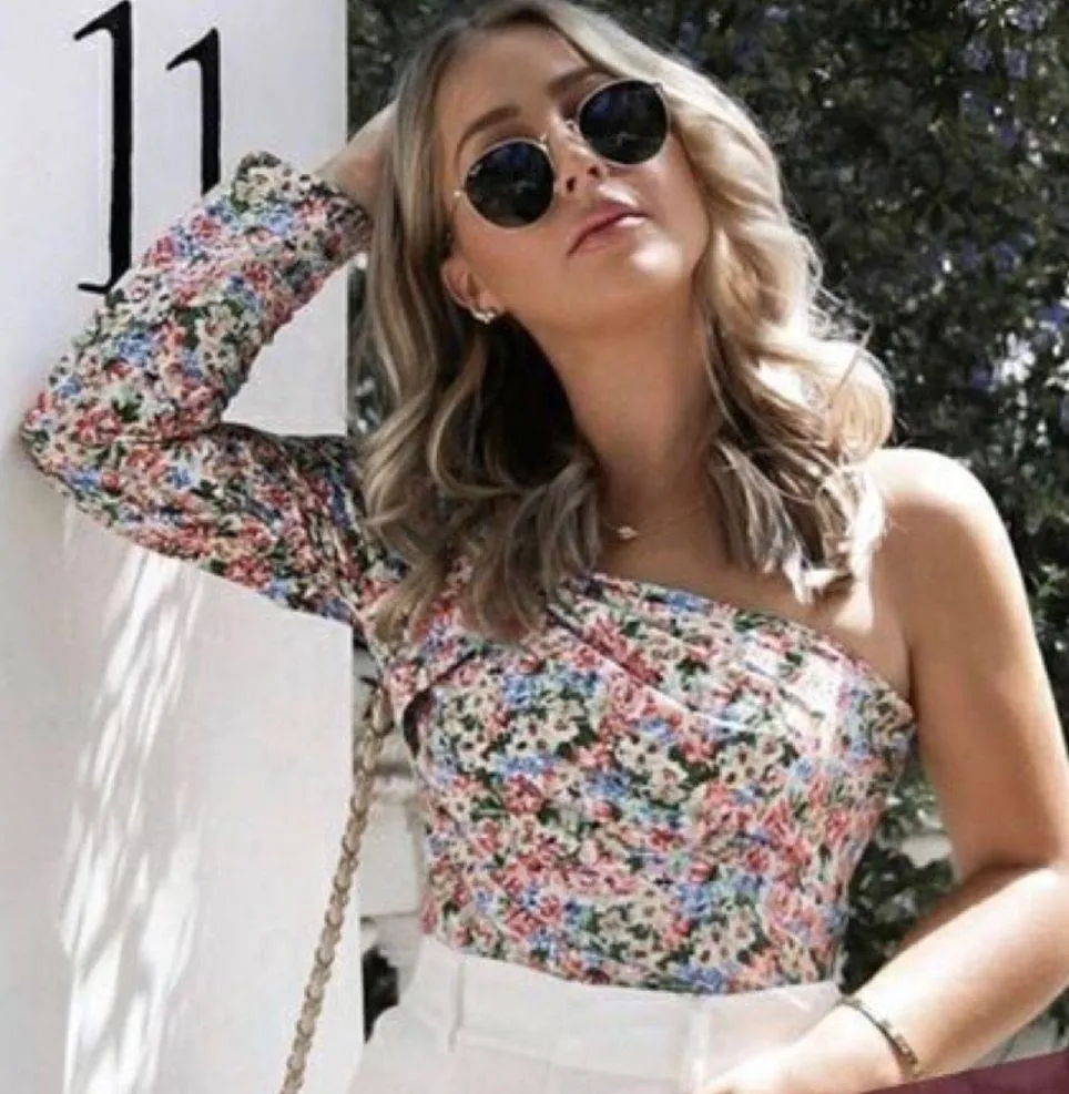 Zara Floral One Shoulder Top With Side Zipper Size Small - Image 2