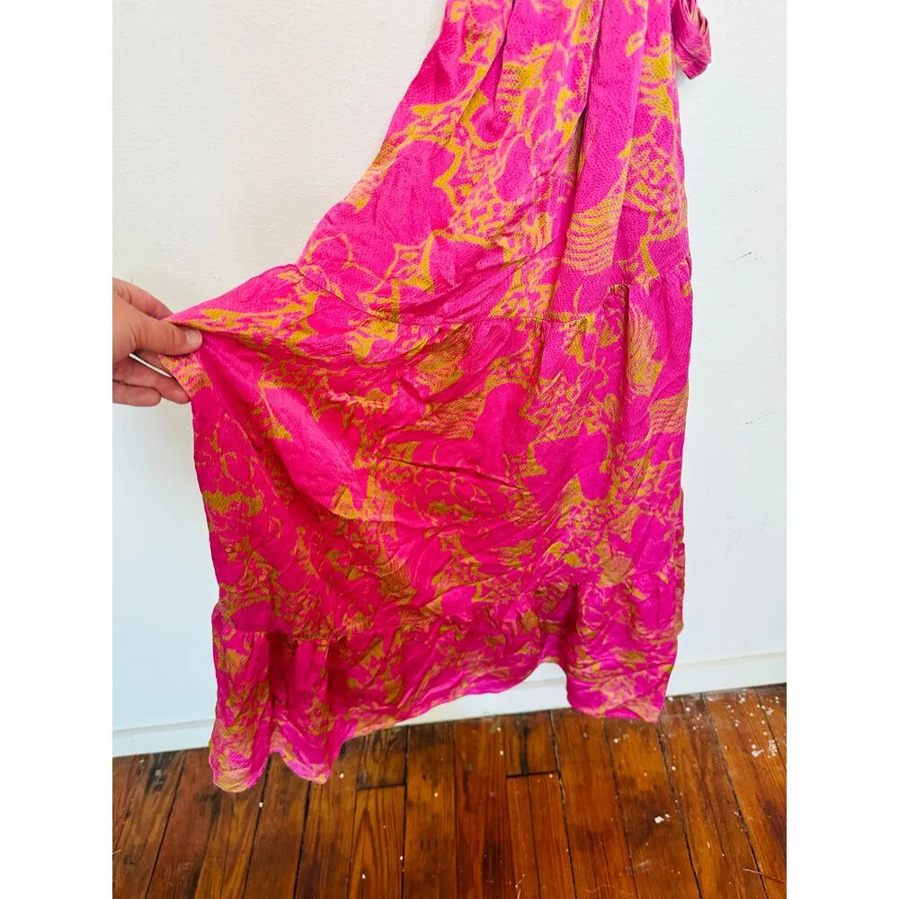 TANYA TAYLOR Women's Pink Orange Floral 100% Silk V-Neck Lisa Wrap Dress size 2 - Image 11