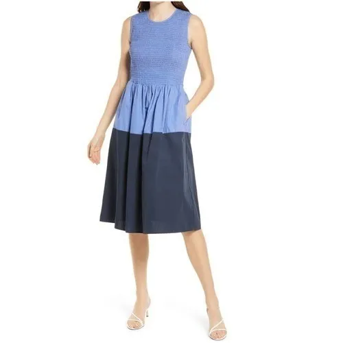 FRENCH CONNECTION Rhodes Colorblock Smocked Poplin‎ Dress, Size 8, Blue, NWT - Image 4