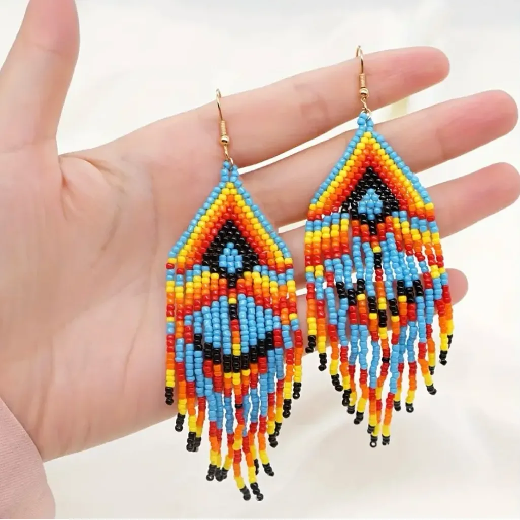 1 Pair Multicolor Bohemian Beaded Tassel Earrings Ethnic Tribal‎ Style Blue - Image 4