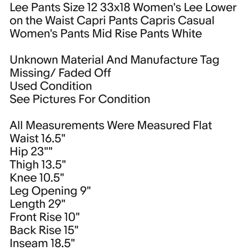 Lee Pants Size 12 33x18 Women's Lee Lower on the Waist Capri Pants Capris Casual  - Image 6