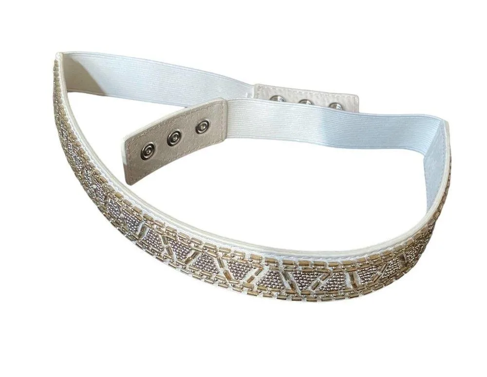 White House Black Market Beaded Studded Rhinestone snap button elastic belt sz S - Image 16