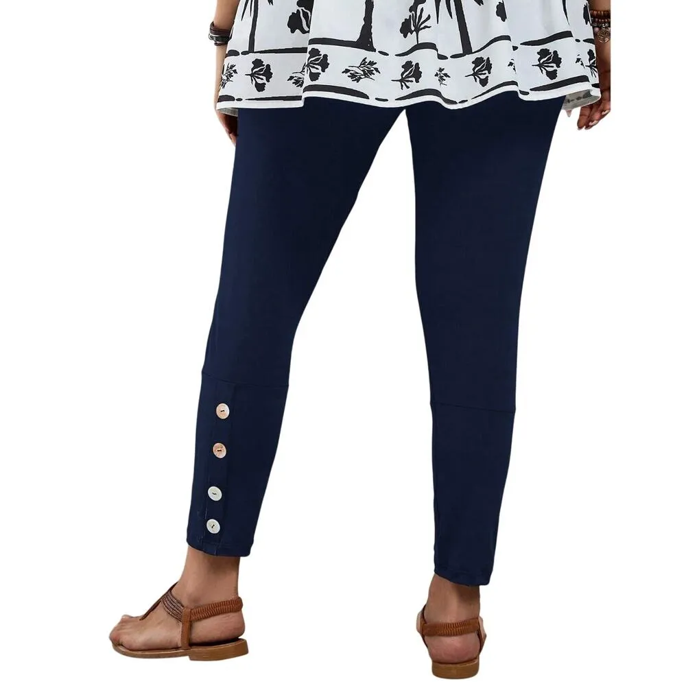 Summer Solid Casual Accent Button Leggings in Blue, Size 3XL​ Blue - Image 2