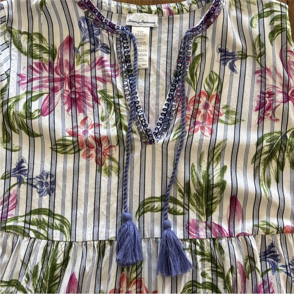 Tommy Bahama Floral Embroidered Tassel  Cotton Tiered Dress Size M Beach Resort - Image 8