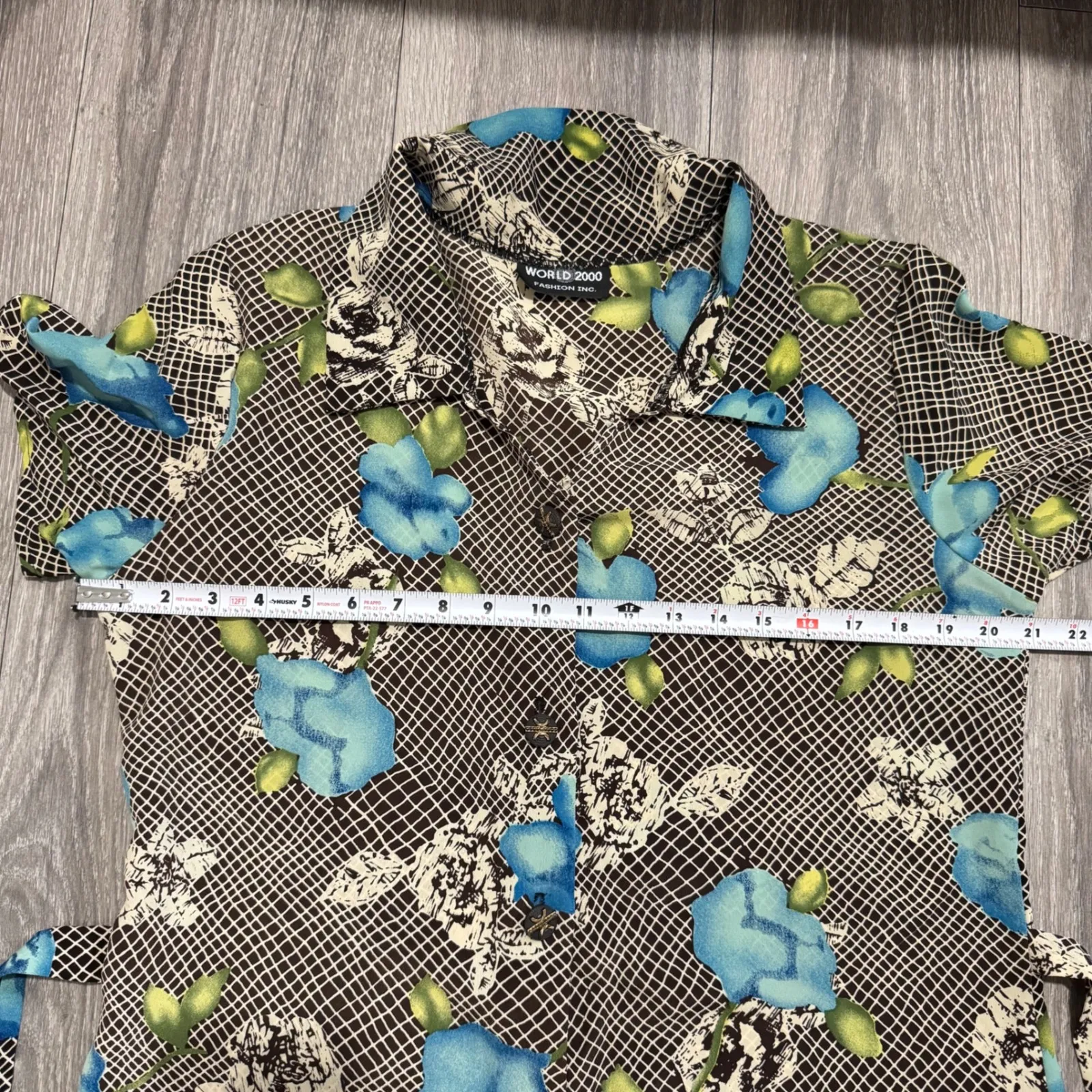 Vintage WORLD 2000 Fashion Inc. Floral Shirt Dress Button Back Tie Waist Midi Brown Size L - Image 6