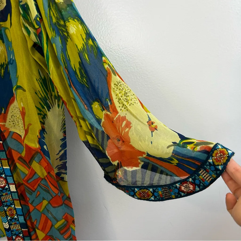 Soft Surroundings Bright Tropical Curaco Parrot Embroidered Open Front Kimono M - Image 6