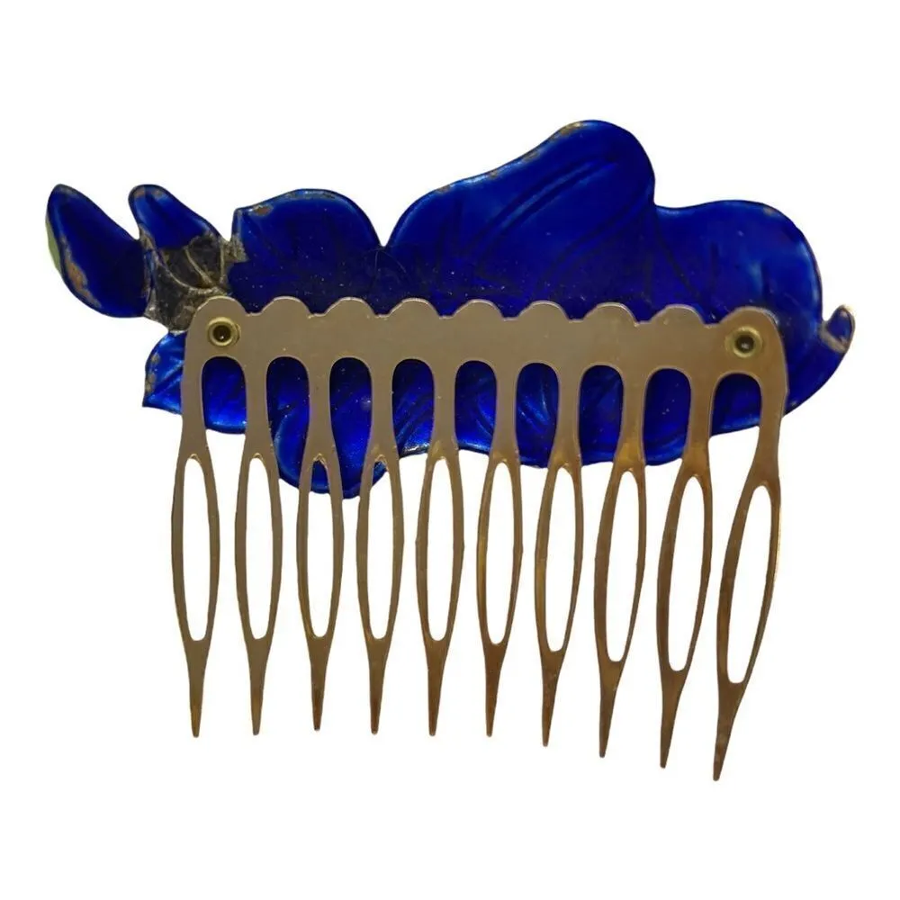 Vintage 80s Cloisonné Enamel Floral Art Noveau Hair Comb Hair Accessories Neon Blue - Image 4
