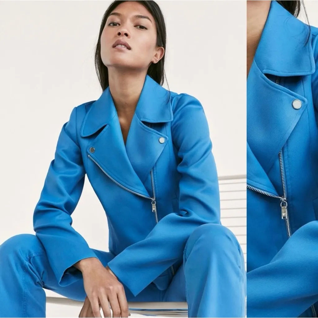 NWT Massimo Dutti Stonewashed Blue Biker Moto Jacket Size USA 10 Asymmetrical - Image 3