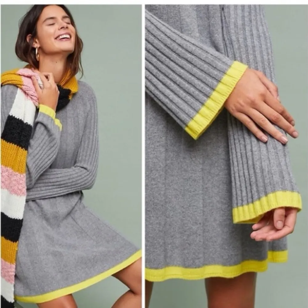 Anthropologie Arsenau Sweater Dress Gray Yellow Ribbed Knit Wool Alpaca Size XS - Image 3