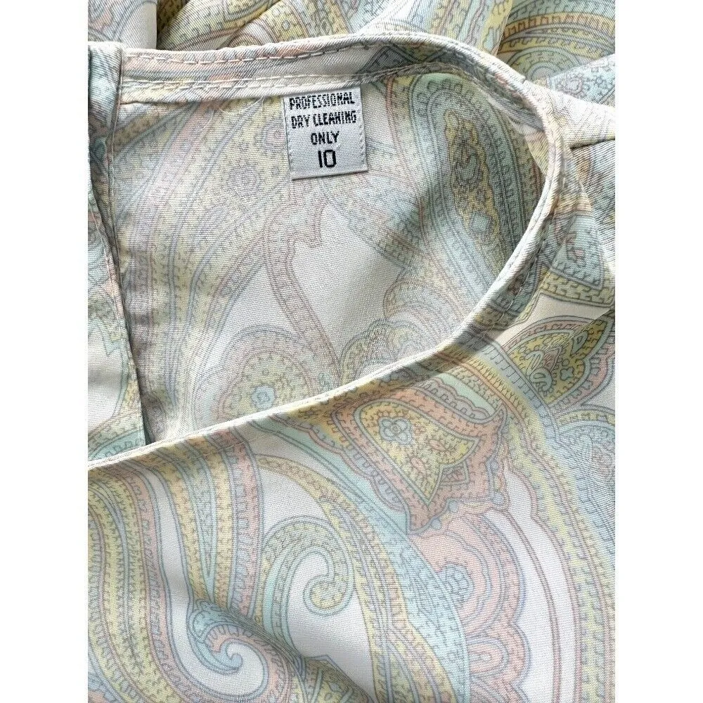 Vintage Paisley Blouse Long Sleeve Button Career Silk Scarf‎ Top Size 10 Pastel Tan - Image 2