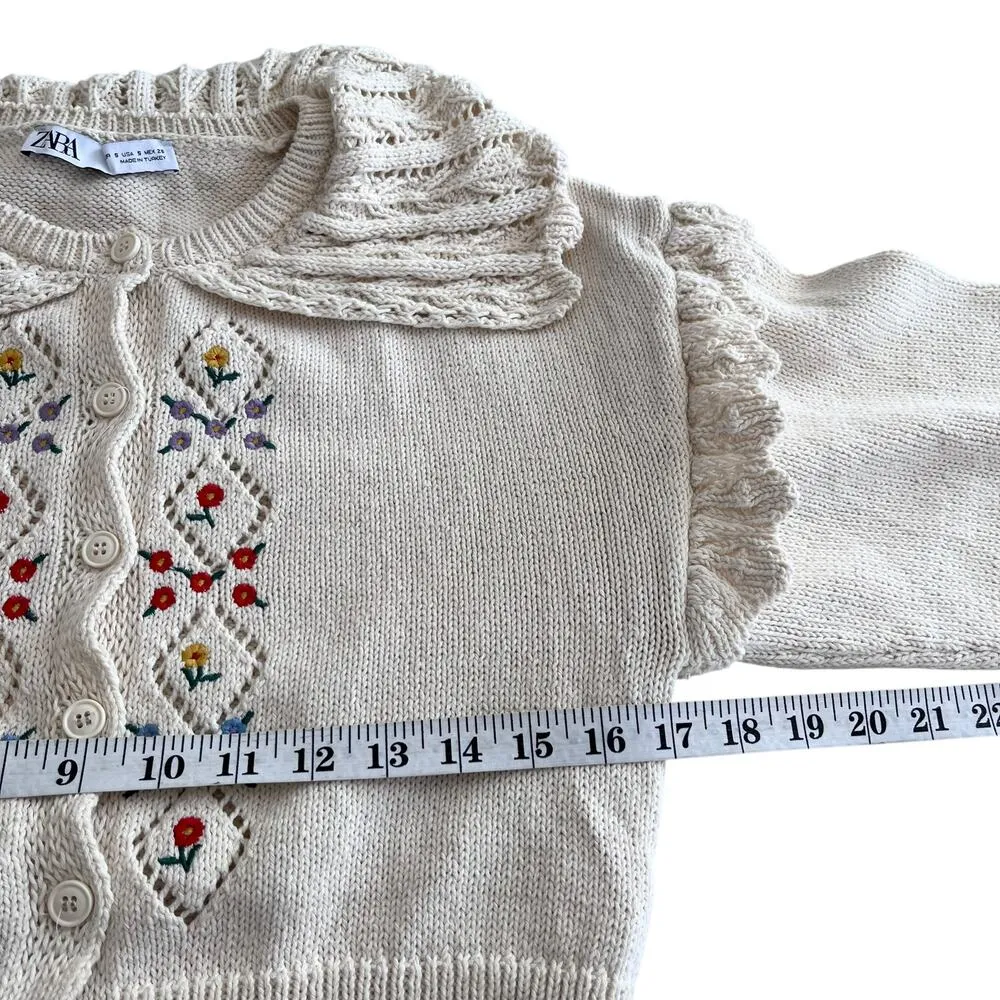 Zara Cream Floral Embroidered Eyelet Collar Frill Sleeve Cardigan Sweater Size S - Image 8