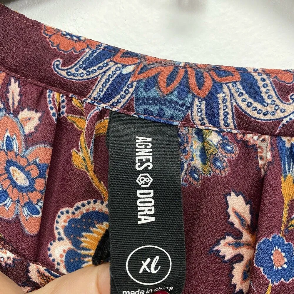 AGNES & DORA Top XL Button Down Peasant Floral Long Casual V-Neck Maroon - Image 4