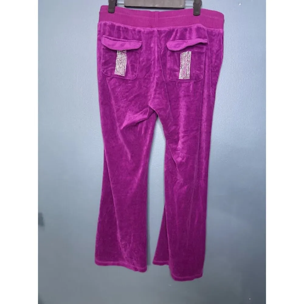 Plush & Lush Velour Track Pants Women's Size Large Wide Leg Purple Sequin Pocket - Image 2