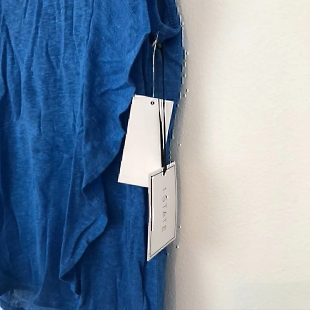 NEW NWT 1.STATE Ruffle Linen Top Bright Blue Short Cap Sleeve 100% LINEN - FLAW - Image 3