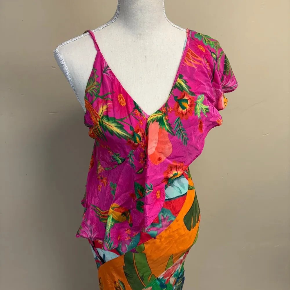 FARM Rio Mixed Pattern Flowery Ruffle One Shoulder Dress Size M - Image 4
