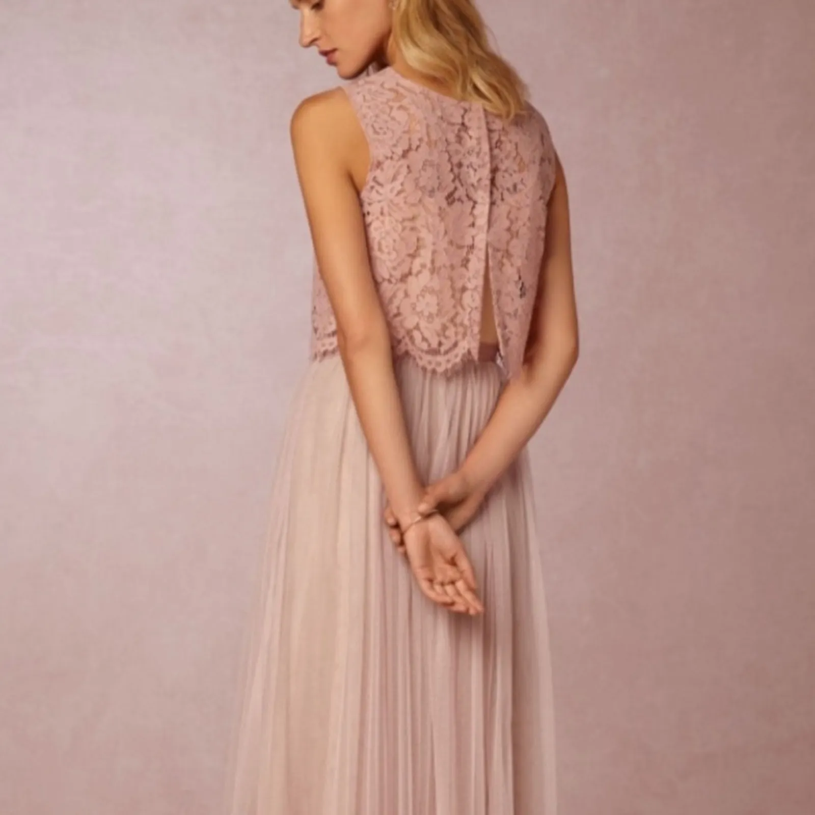 Jenny Yoo Cleo‎ Pink Lace Snap Back Layover Cropped Top Sz XS - Image 2