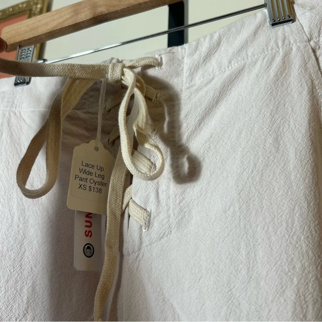 Sundry Lace Up Wide Leg Pants Beach Coastal Resort Cotton Oyster NWT $138 Sz XS - Image 5