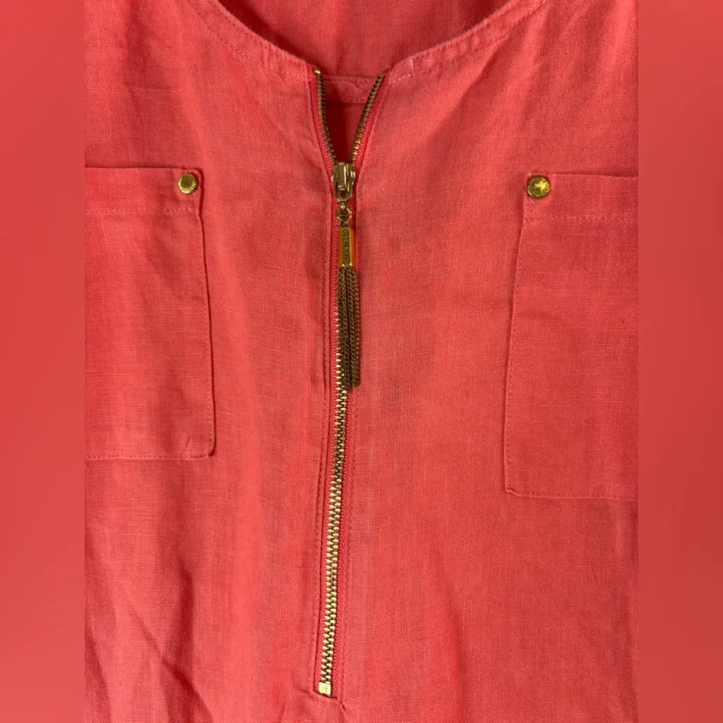 Ellen Tracy 1X Linen Button Up Sleeve Pocketed Tunic Top in Coral - Image 4