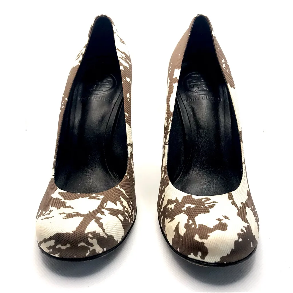 TORY BURCH BROWN & CREAM FABRIC "BRIA" STACKED HEEL PUMPS (5M) - Image 7