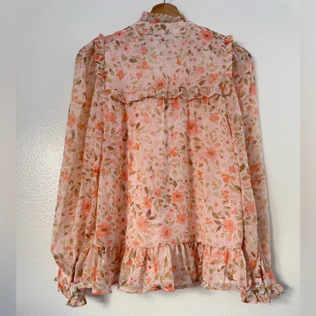 CeCe Floral Ruffle Blouse Pink Pearl Button Chiffon Mock Neck Peplum romantic XS - Image 4