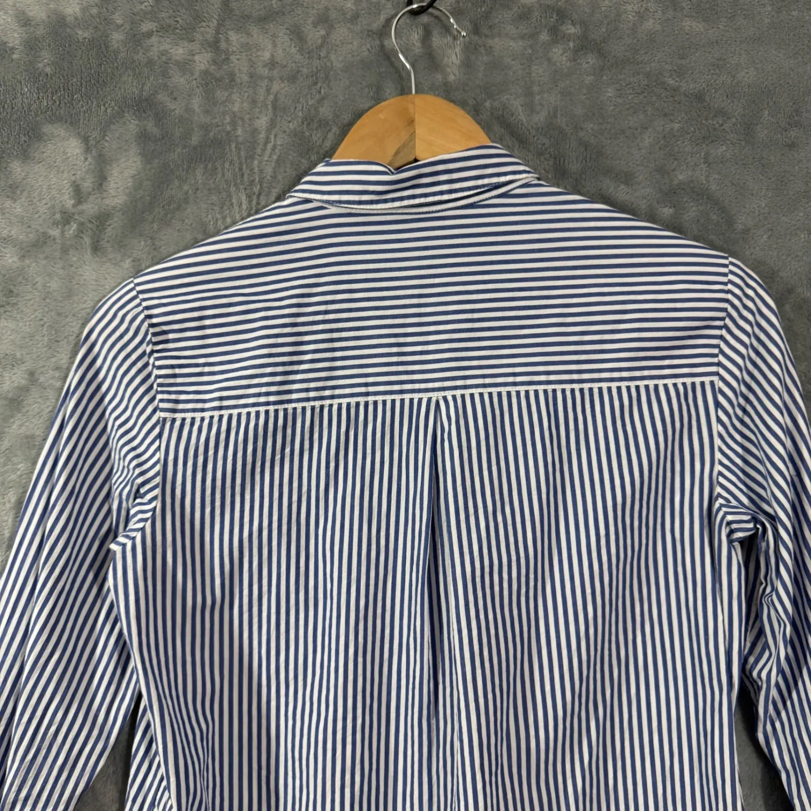 Esprit Blue White Stripe Button Up Shirt Bell Sleeve Tie Cuff Women Size 6 - Image 10