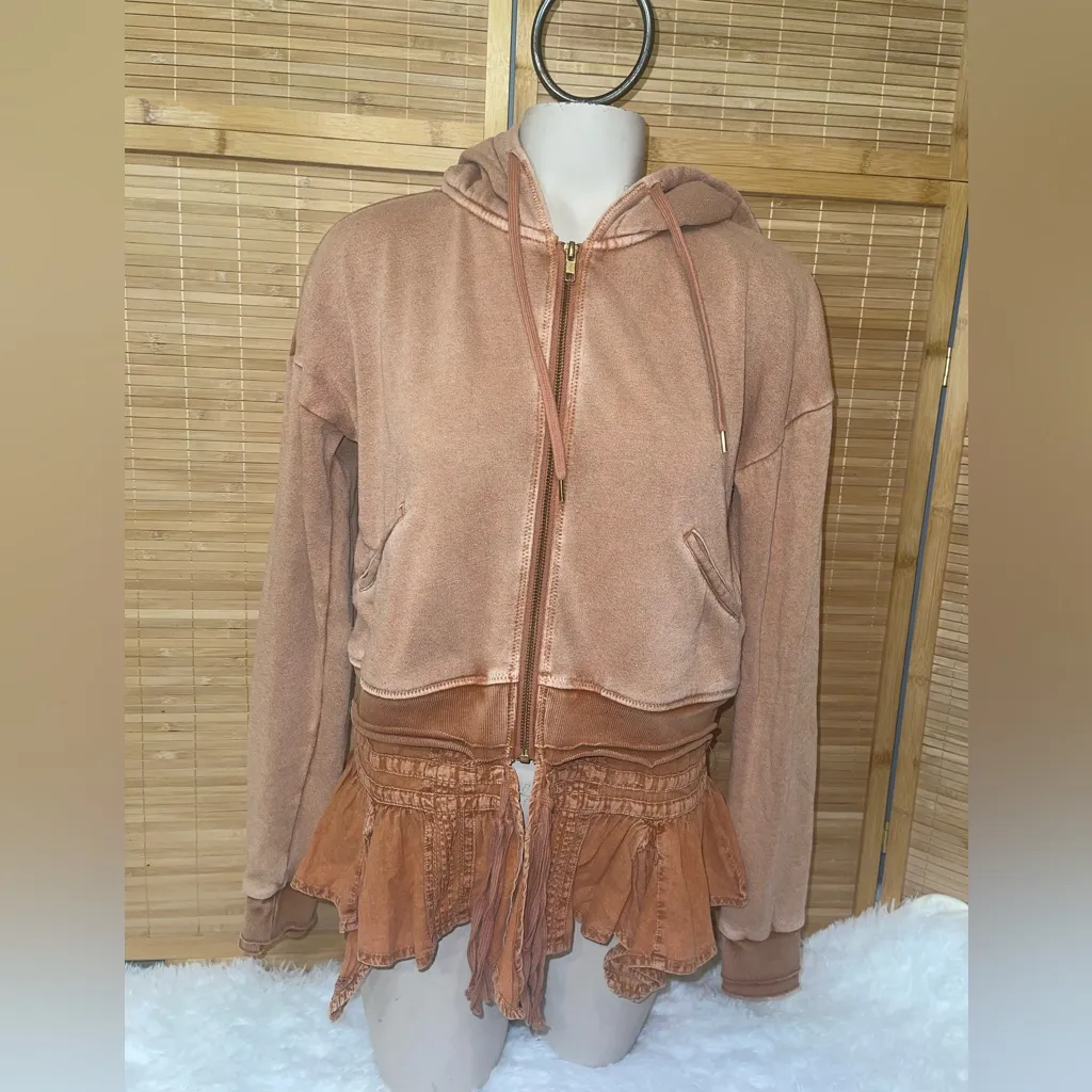 Free People "When Worlds Meet" full-zip hoodie tan rust color sweatshirt XS - Image 2