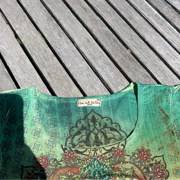 LIVE AND LET LIVE Shirt Top Petite XL Green Sublime Rhinestone Fairy Fall Light‎ - Image 6