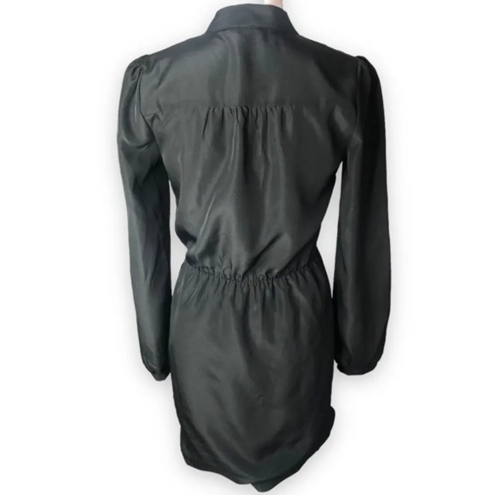 DGNY Black Satin Faux Wrap High Collar Long Sleeve Mini Dress - Image 3