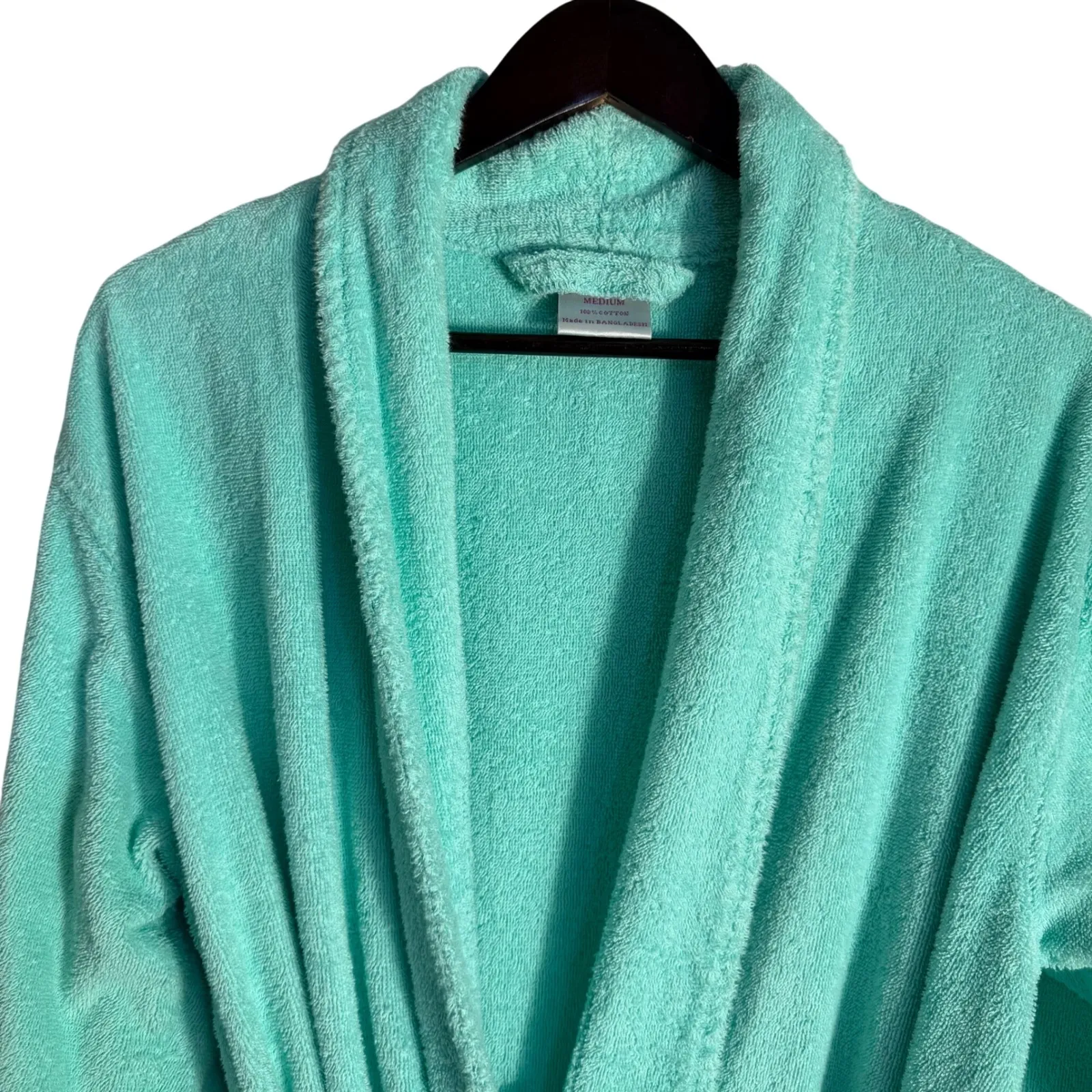 Melsimo Terry Cloth Bathrobe 100% Cotton Aqua / Seafoam Tie Waist Pockets Medium Green - Image 2