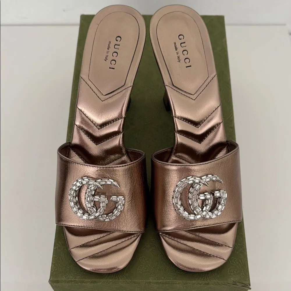 Gucci Marmont EU 37 US 7 Crystal GG Rose Gold Sandals Heels Metallic Nappa New - Image 12