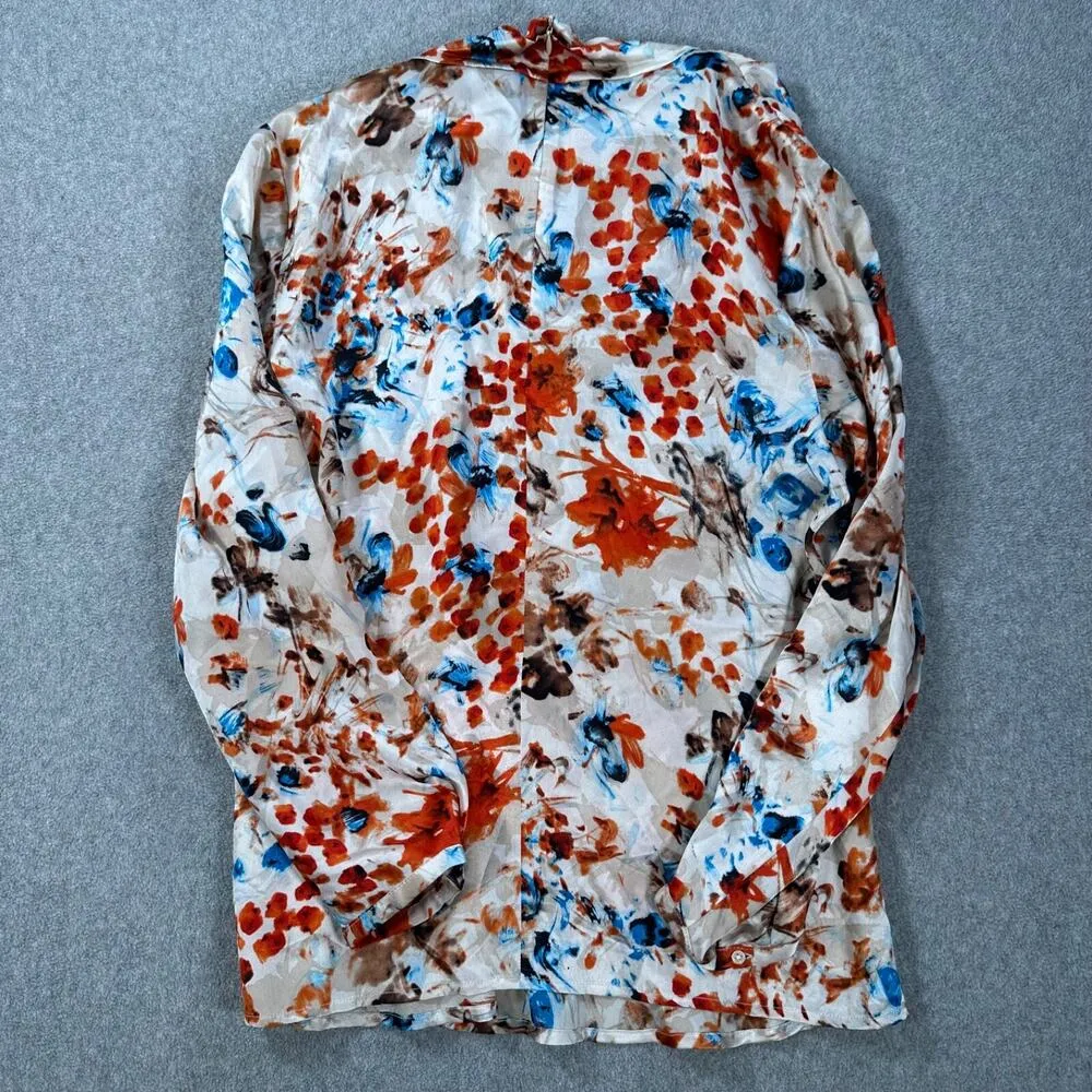 Doncaster Collection Silk Blouse Mock Cowl Neck Women's 14 Blue Orange Floral - Image 7
