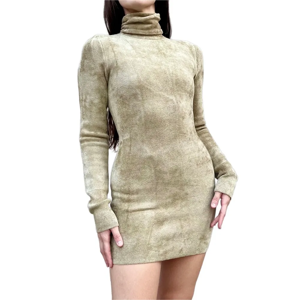 House of CB Taya Chenille Knit Turtleneck Mini Sweater Dress in Musk Tan Small - Image 2