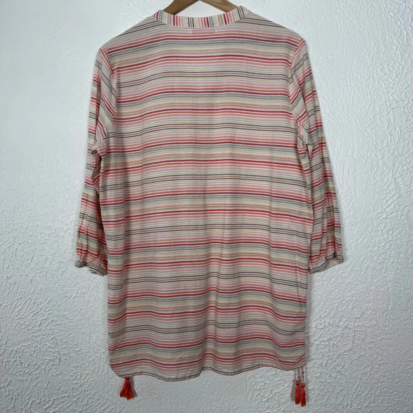 Fresh Produce Eva Tassel Tunic Top V-Neck Cotton Bright Coral Stripe Size M/L - Image 2