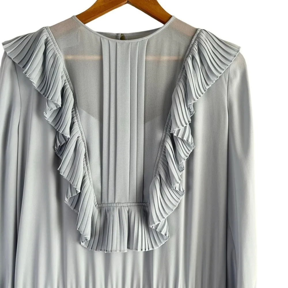 BCBGMaxazria Kristey Pleated Ruffle Bib Dress in Light Dusty Blue, Size Large‎ - Image 5