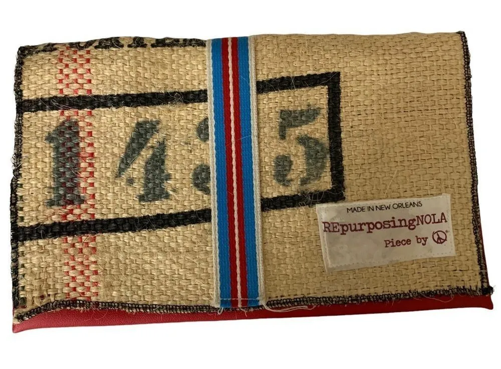 REpurposing NOLA Piece by Peace Clutch Red Burlap Sustainable Tan - Image 1