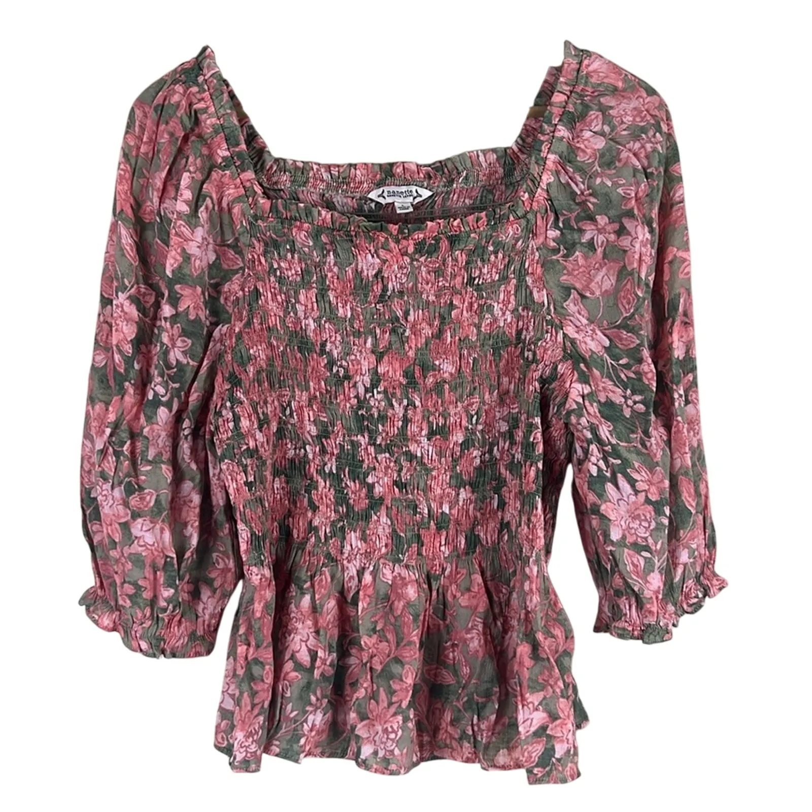 Nanette Lepore Peasant Top Womens L Pink Floral Smocked Boho Cottagecore Prairie - Image 2