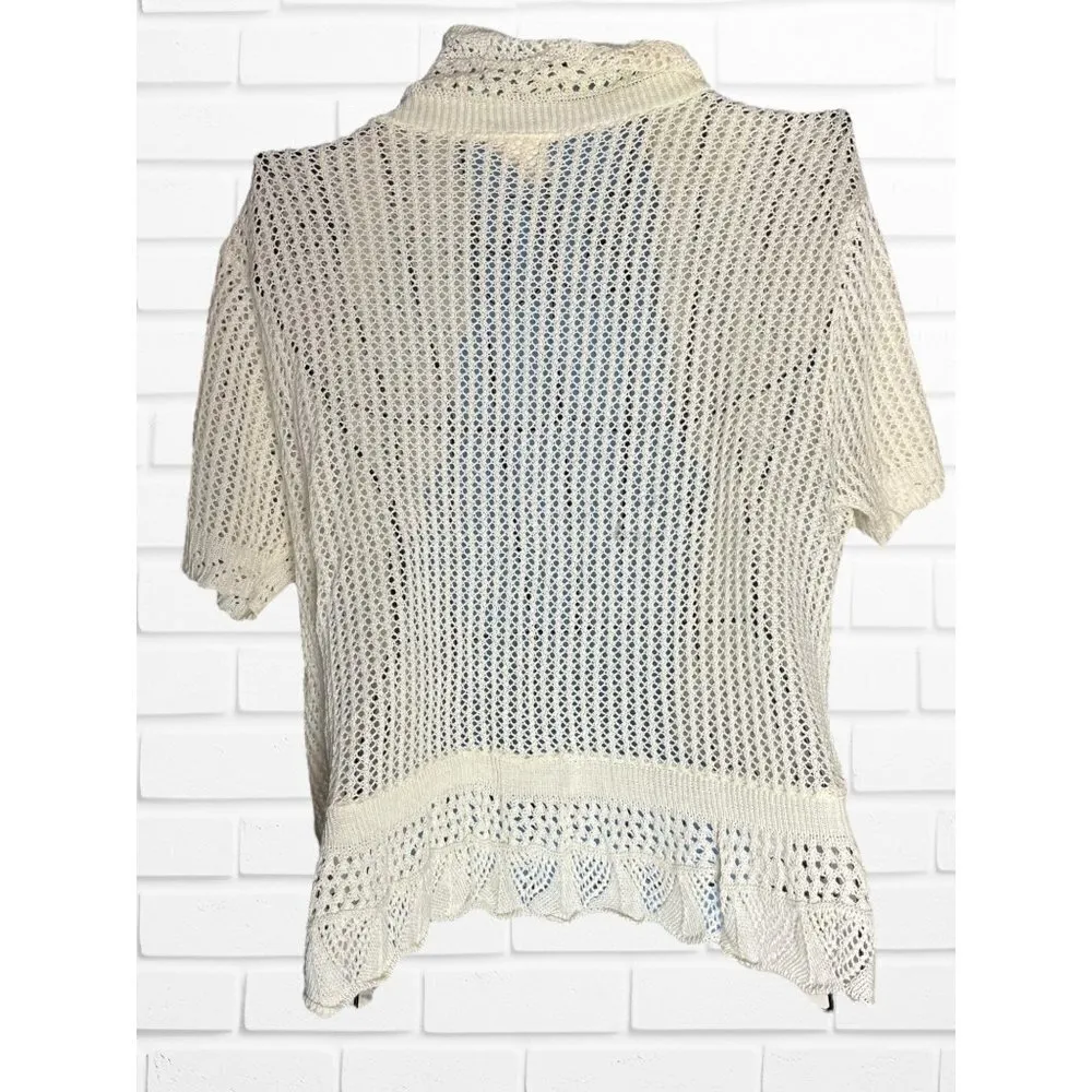 Sweet Kizz Women's Size M Short Sleeve‎ Open Knit Cardigan Cream Lace Doily Trim White Size M - Image 3
