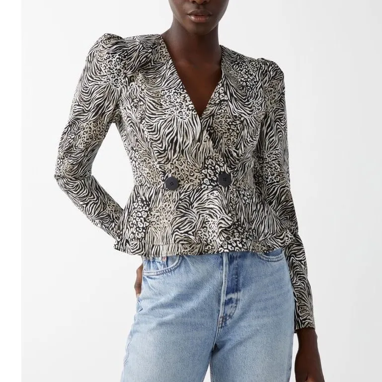 & Other Stories Peplum Duo Button Wrap Blouse Animal Print Wrap‎ Front Long 12 - Image 2