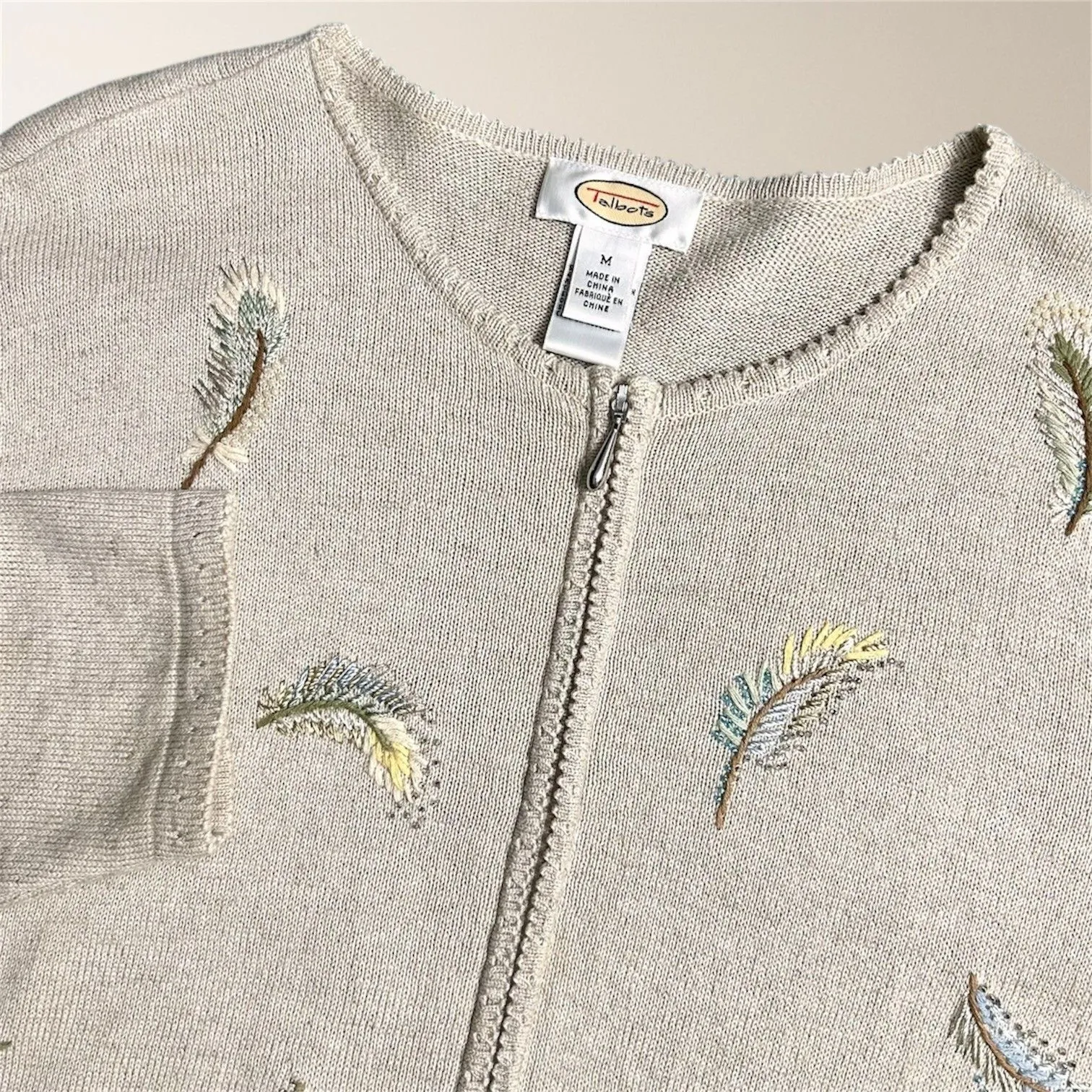 Vintage Talbots Beige Linen Cotton Embroidered Beaded Feather Cardigan Sweater M - Image 2