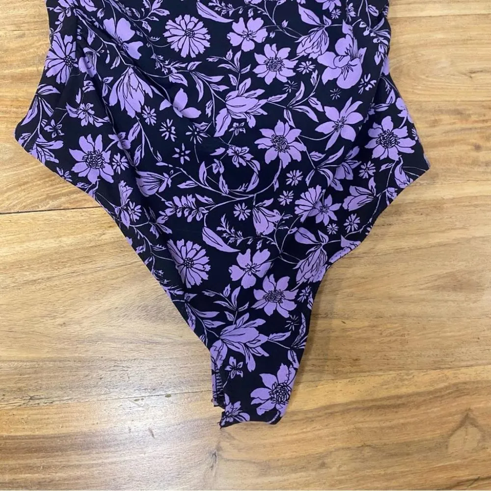 Free People Black Purple Floral One Shoulder Somethin' Bout You Bodysuit Size S - Image 9