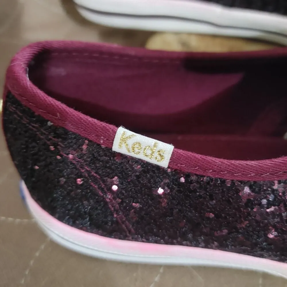 Keds For Kate Spade Size 6.5 Girls 4.5 Womens Glitter Sneakers Black Burgundy - Image 12